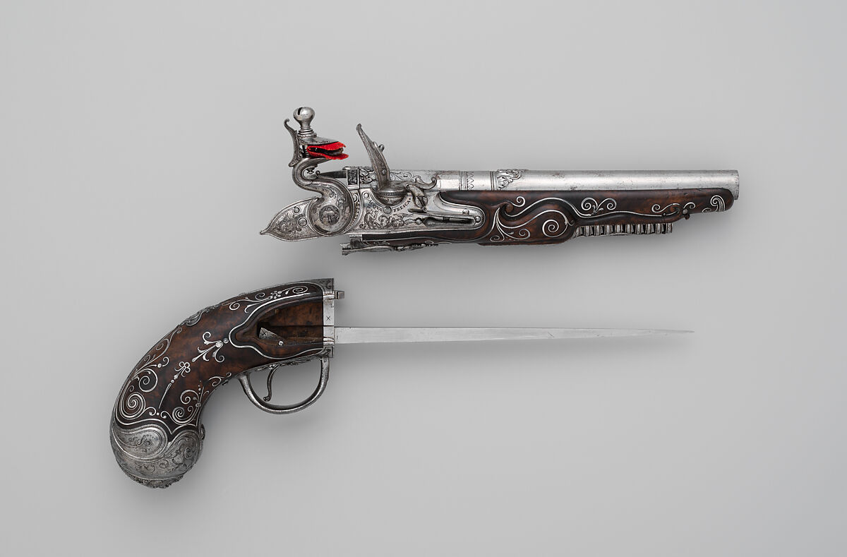 Combination Flintlock Pistol and Concealed Dagger, Probably by Matteo Cecchi, called Acquafresca (Italian, Bargi, 1651–1738), Steel, silver, wood (walnut), Italian, Bargi