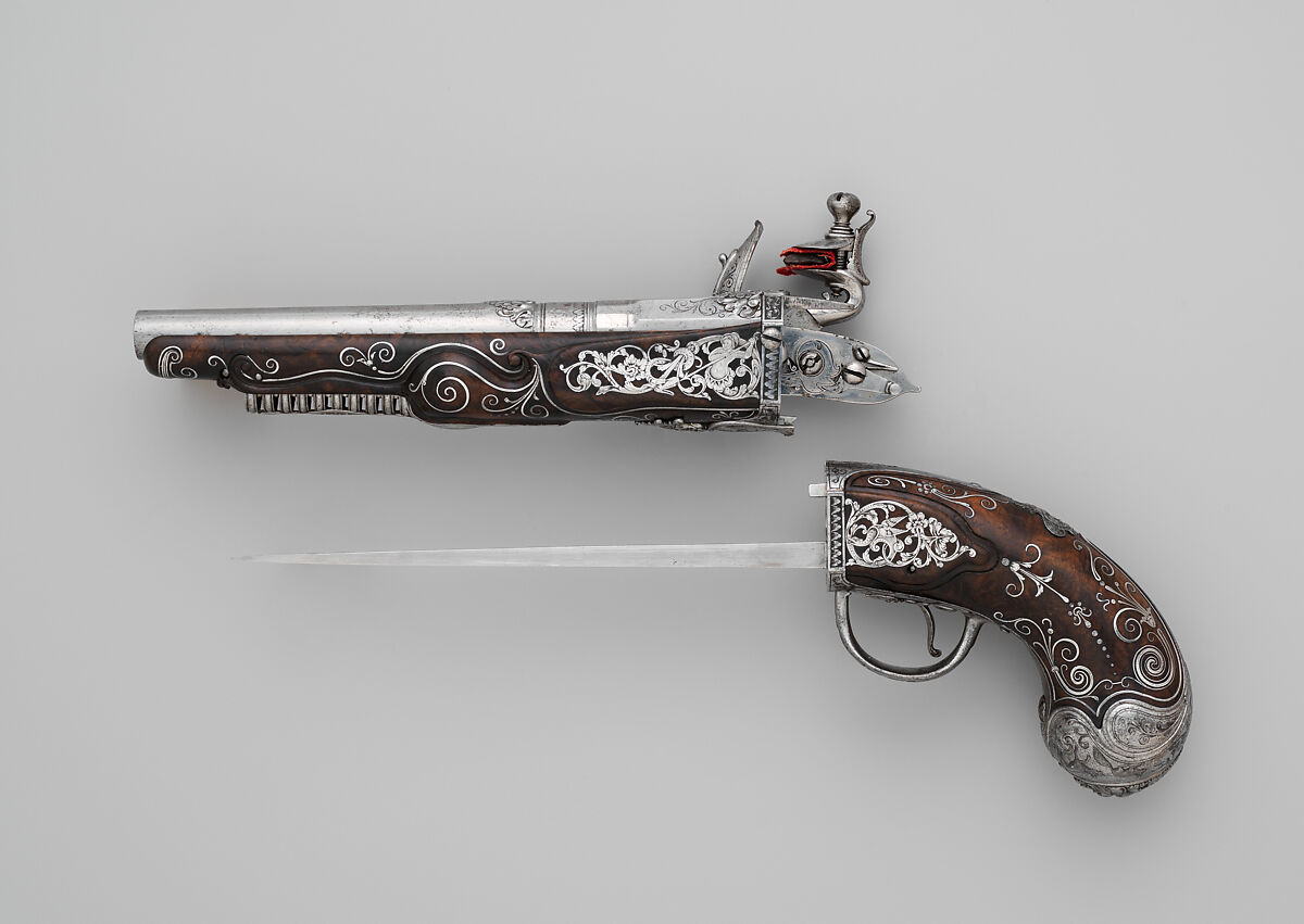 Combination Flintlock Pistol and Concealed Dagger, Probably by Matteo Cecchi, called Acquafresca (Italian, Bargi, 1651–1738), Steel, silver, wood (walnut), Italian, Bargi