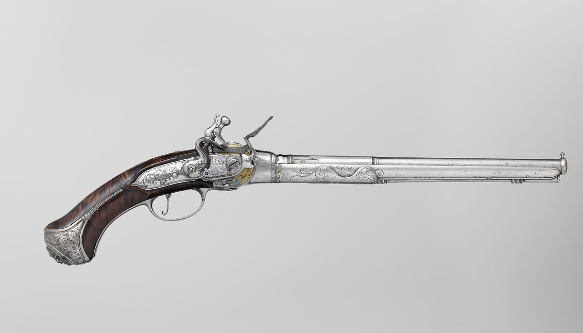 Repeating Flintlock Pistol, Michele Lorenzoni (Italian, active in Florence, died 1733), Steel, wood, silver, Italian, Florence 