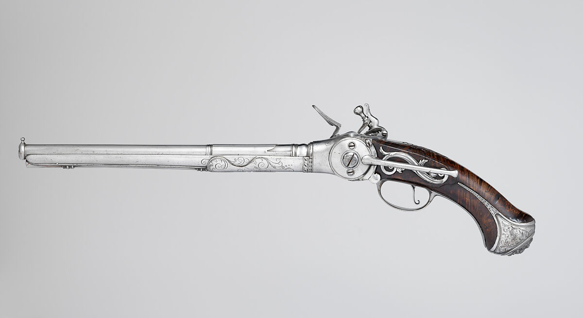 Repeating Flintlock Pistol, Michele Lorenzoni (Italian, active in Florence, died 1733), Steel, wood, silver, Italian, Florence