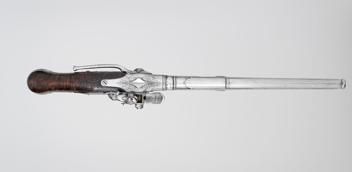 Repeating Flintlock Pistol, Michele Lorenzoni (Italian, active in Florence, died 1733), Steel, wood, silver, Italian, Florence