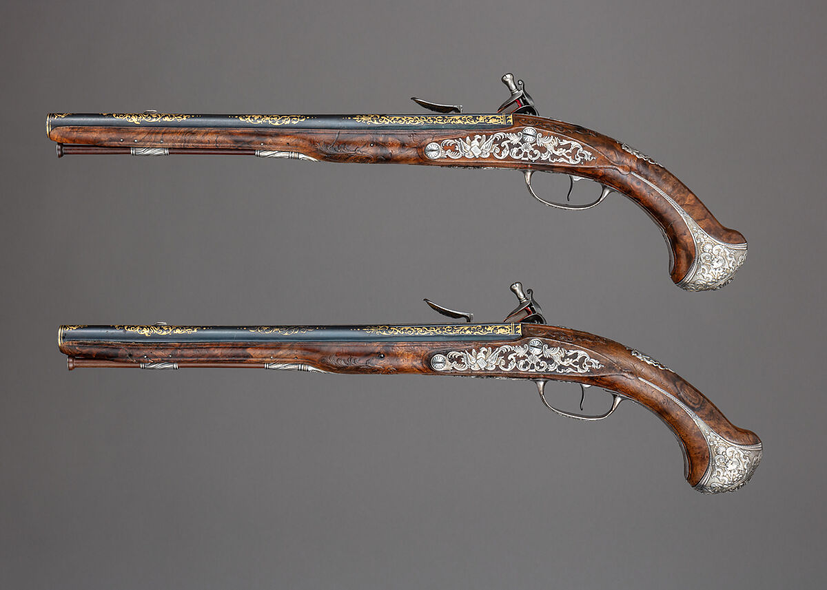 Pair of Flintlock Pistols of Count Heinrich von Brühl (1700–1763), Adrien Reynier the Younger, called Le Hollandois (French, Paris ca. 1680–1743 Paris), Steel, wood, silver, gold, copper alloy, French, Paris