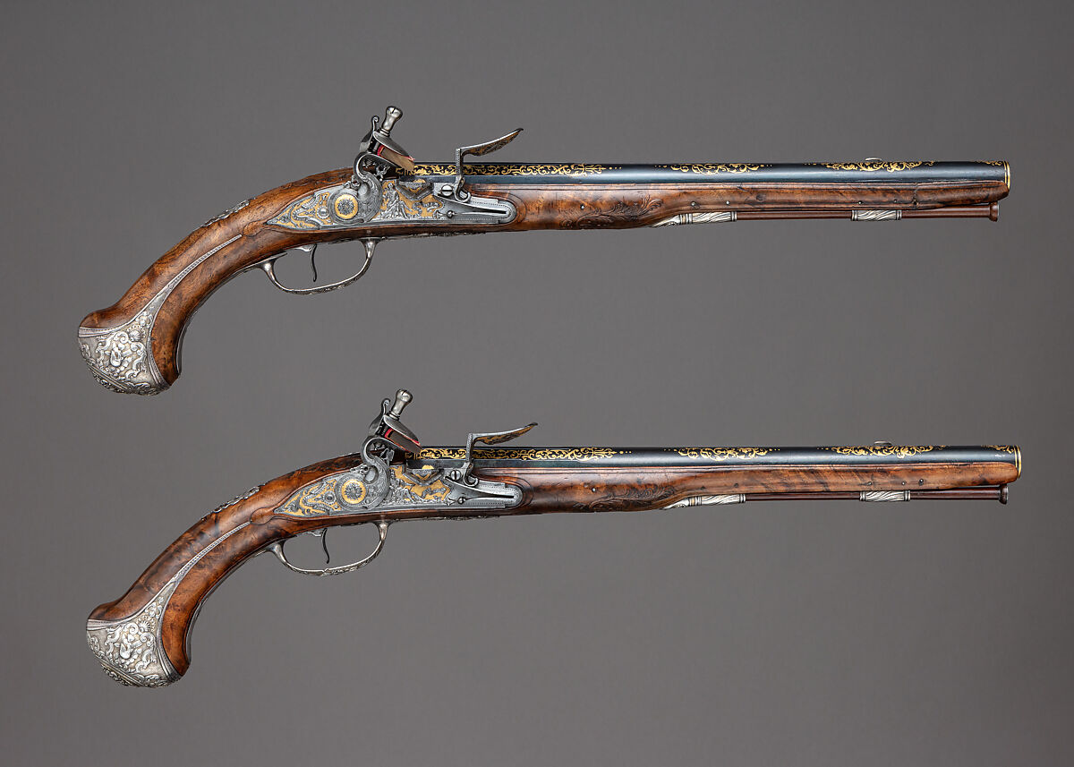 Pair of Flintlock Pistols of Count Heinrich von Brühl (1700–1763), Adrien Reynier the Younger, called Le Hollandois (French, Paris ca. 1680–1743 Paris), Steel, wood, silver, gold, copper alloy, French, Paris