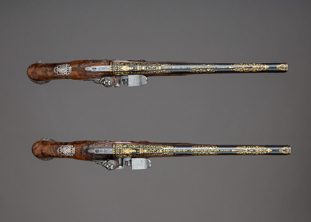 Pair of Flintlock Pistols of Count Heinrich von Brühl (1700–1763), Adrien Reynier the Younger, called Le Hollandois (French, Paris ca. 1680–1743 Paris), Steel, wood, silver, gold, copper alloy, French, Paris