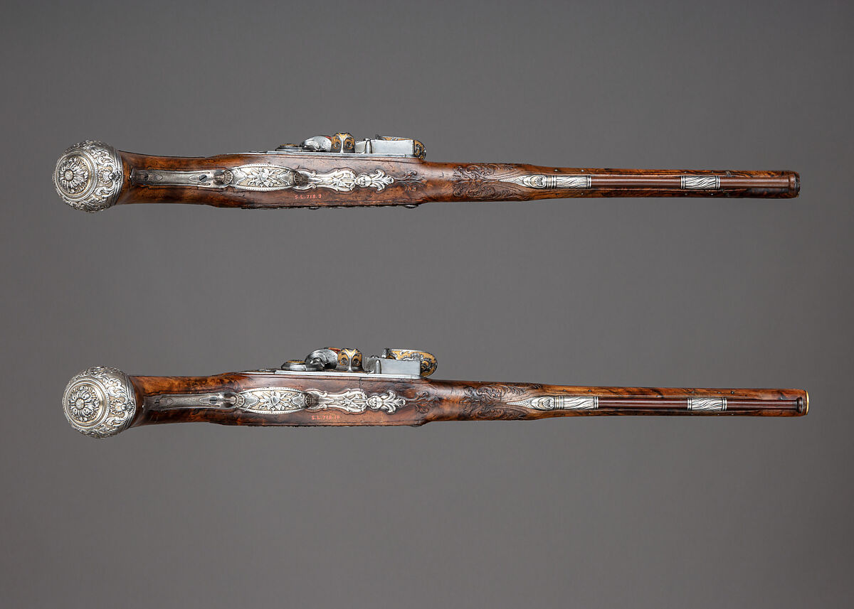 Pair of Flintlock Pistols of Count Heinrich von Brühl (1700–1763), Adrien Reynier the Younger, called Le Hollandois (French, Paris ca. 1680–1743 Paris), Steel, wood, silver, gold, copper alloy, French, Paris