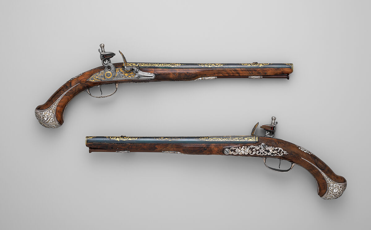 Pair of Flintlock Pistols of Count Heinrich von Brühl (1700–1763), Adrien Reynier the Younger, called Le Hollandois (French, Paris ca. 1680–1743 Paris), Steel, wood, silver, gold, copper alloy, French, Paris 