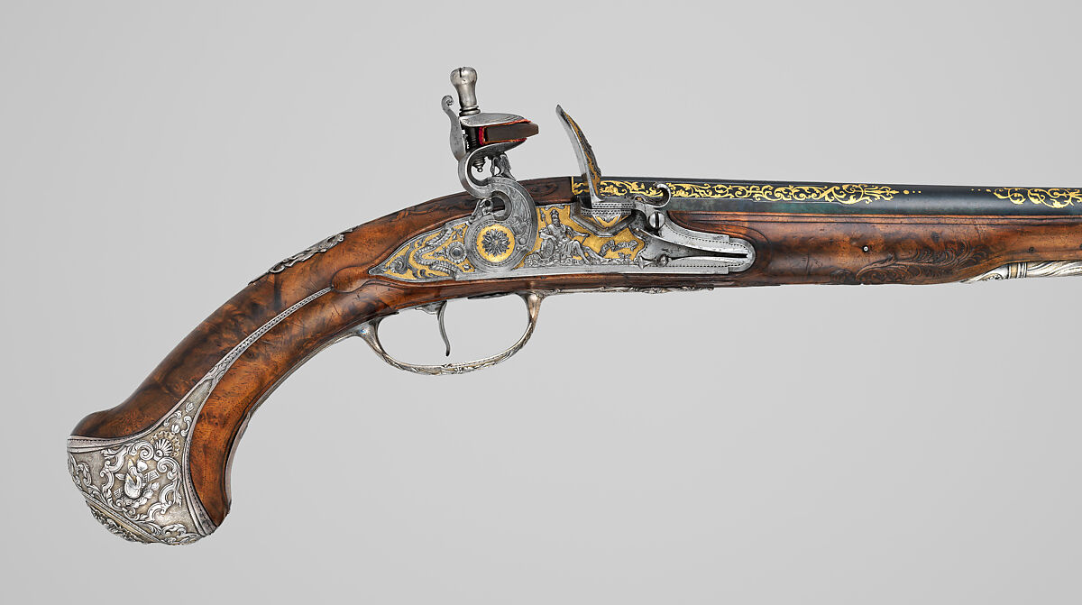 Pair of Flintlock Pistols of Count Heinrich von Brühl (1700–1763), Adrien Reynier the Younger, called Le Hollandois (French, Paris ca. 1680–1743 Paris), Steel, wood, silver, gold, copper alloy, French, Paris