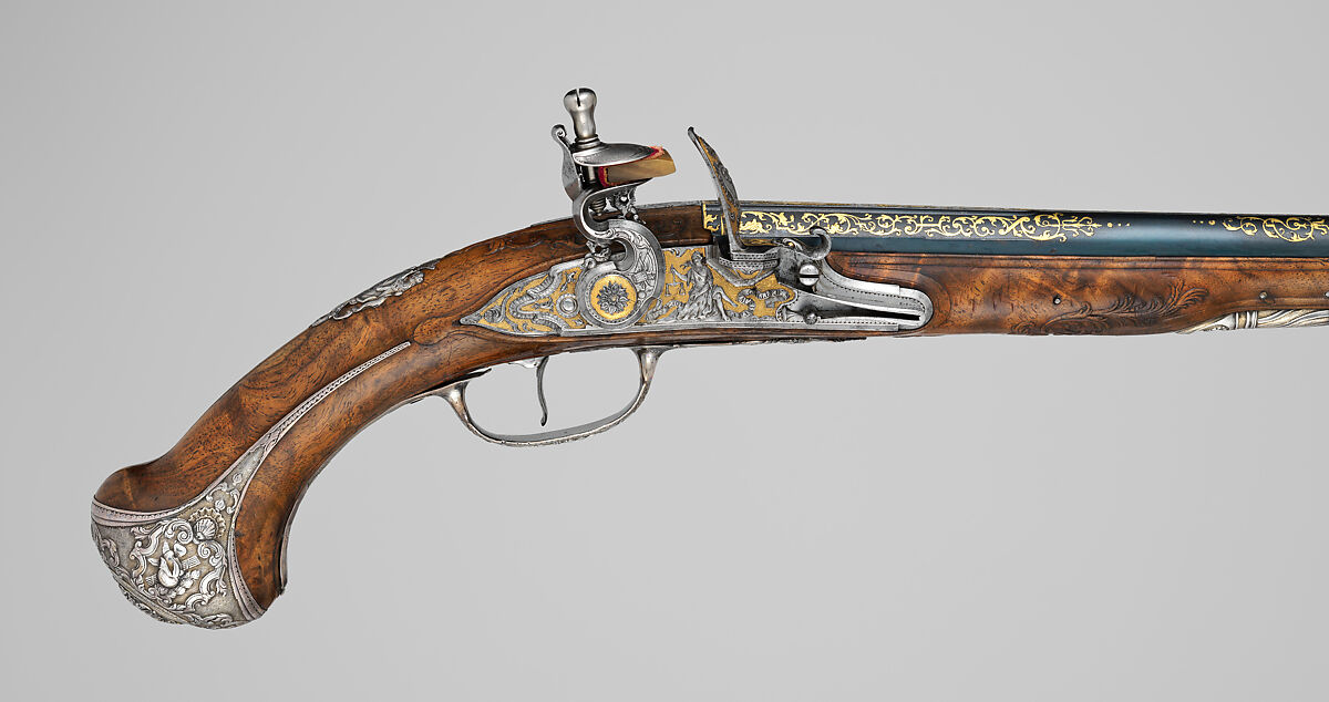 Pair of Flintlock Pistols of Count Heinrich von Brühl (1700–1763), Adrien Reynier the Younger, called Le Hollandois (French, Paris ca. 1680–1743 Paris), Steel, wood, silver, gold, copper alloy, French, Paris