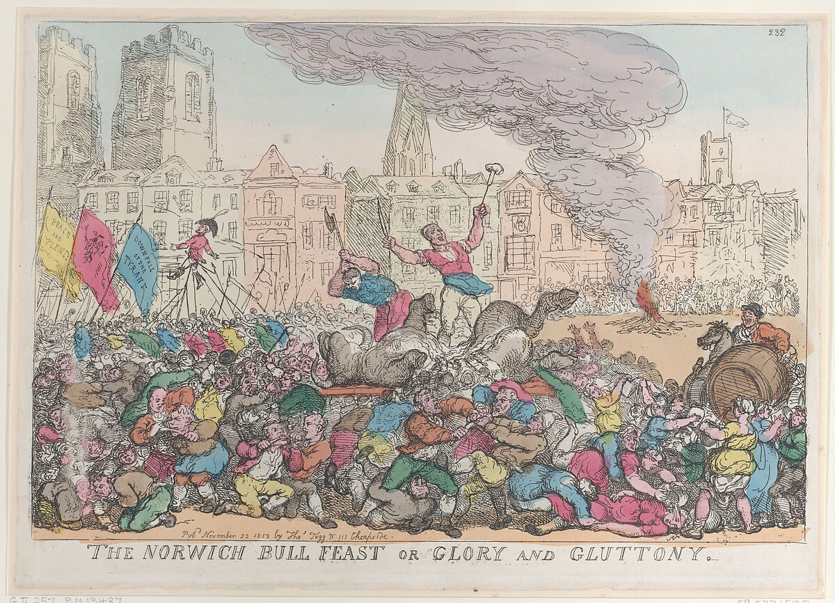 The Norwich Bull Feast or Glory and Gluttony, Thomas Rowlandson (British, London 1757–1827 London), Hand-colored etching 