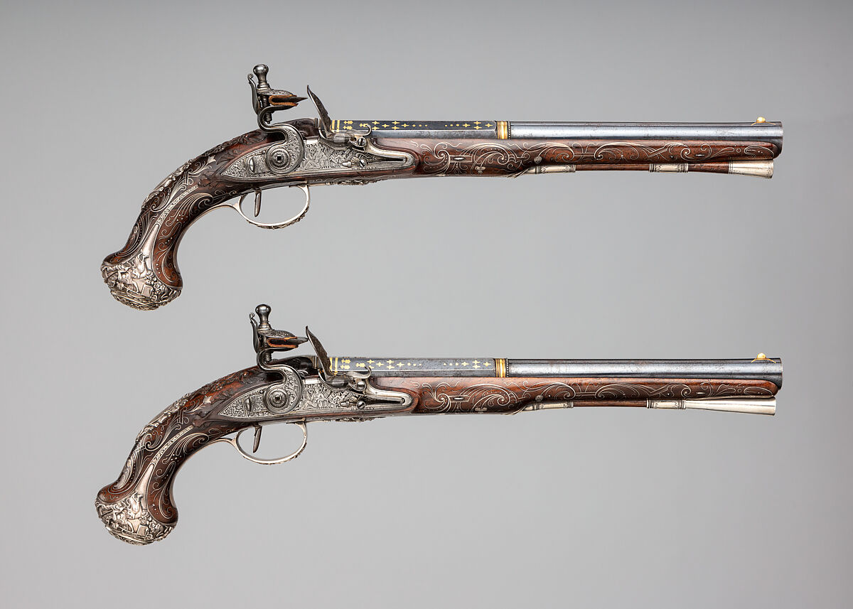 Pair of Flintlock Pistols, Henry Hadley (British, London, active 1734, d. 1773), Steel, wood (walnut), silver, gold, copper alloy, British, London