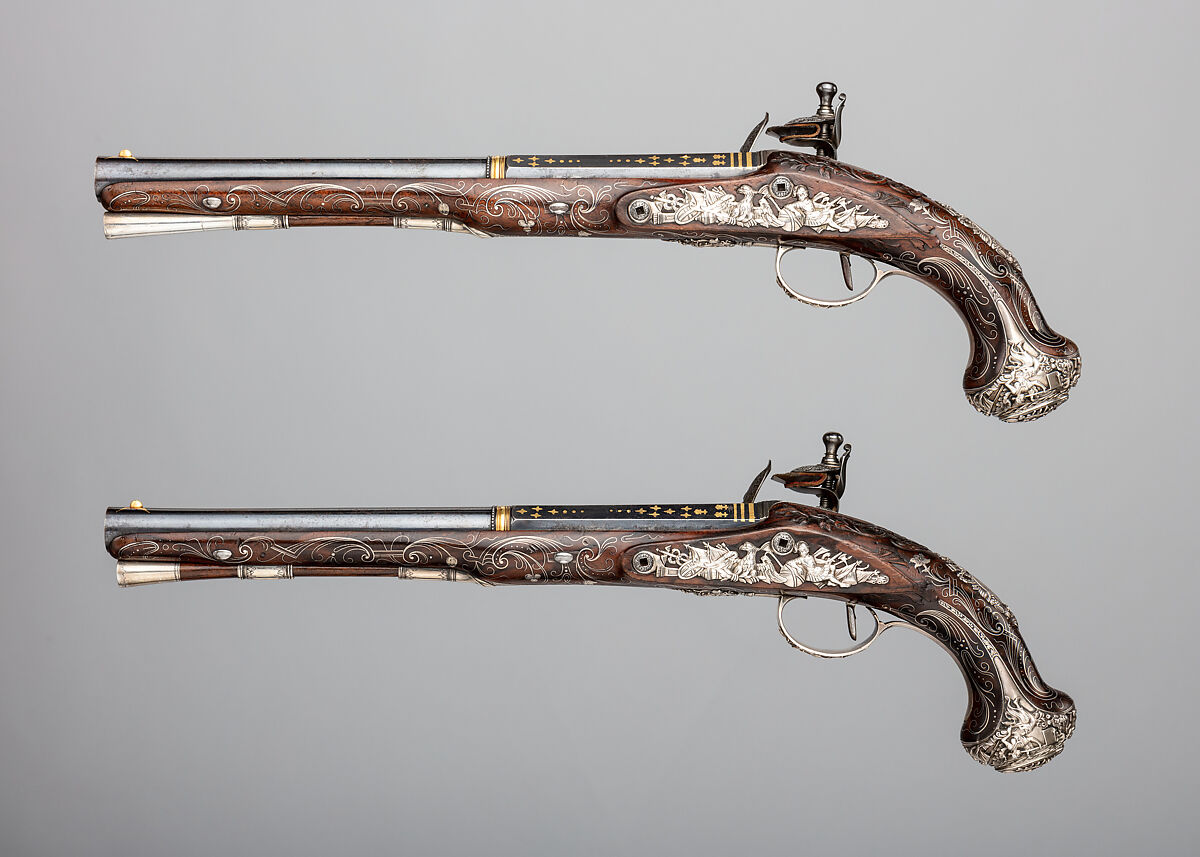 Pair of Flintlock Pistols, Henry Hadley (British, London, active 1734, d. 1773), Steel, wood (walnut), silver, gold, copper alloy, British, London