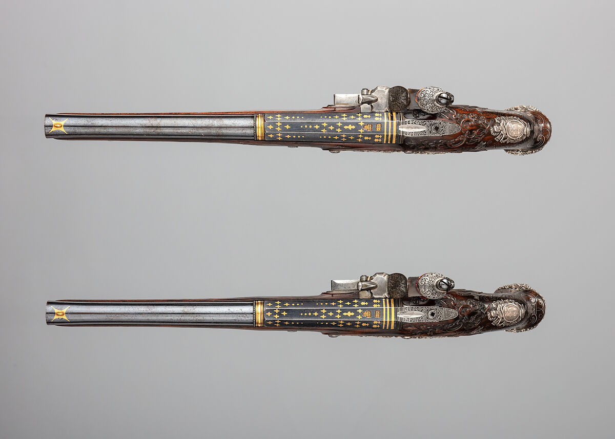 Pair of Flintlock Pistols, Henry Hadley (British, London, active 1734, d. 1773), Steel, wood (walnut), silver, gold, copper alloy, British, London