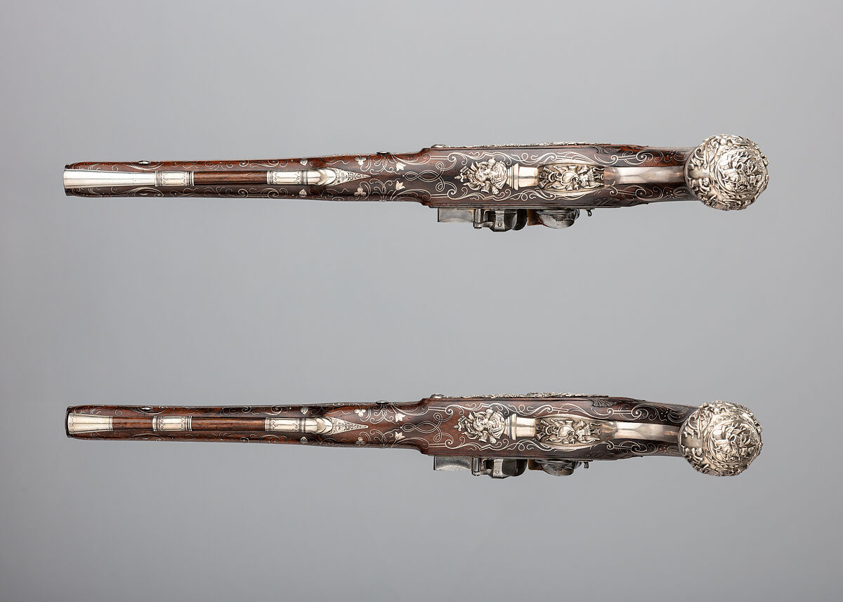 Pair of Flintlock Pistols, Henry Hadley (British, London, active 1734, d. 1773), Steel, wood (walnut), silver, gold, copper alloy, British, London