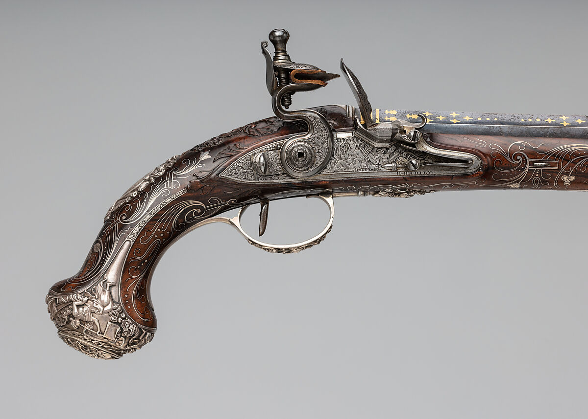 Pair of Flintlock Pistols, Henry Hadley (British, London, active 1734, d. 1773), Steel, wood (walnut), silver, gold, copper alloy, British, London