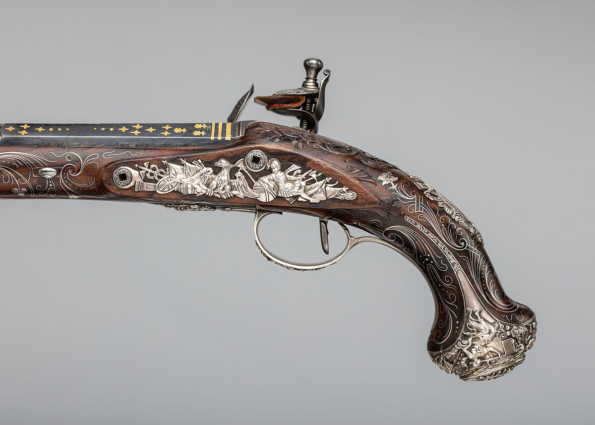 Pair of Flintlock Pistols, Henry Hadley (British, London, active 1734, d. 1773), Steel, wood (walnut), silver, gold, copper alloy, British, London