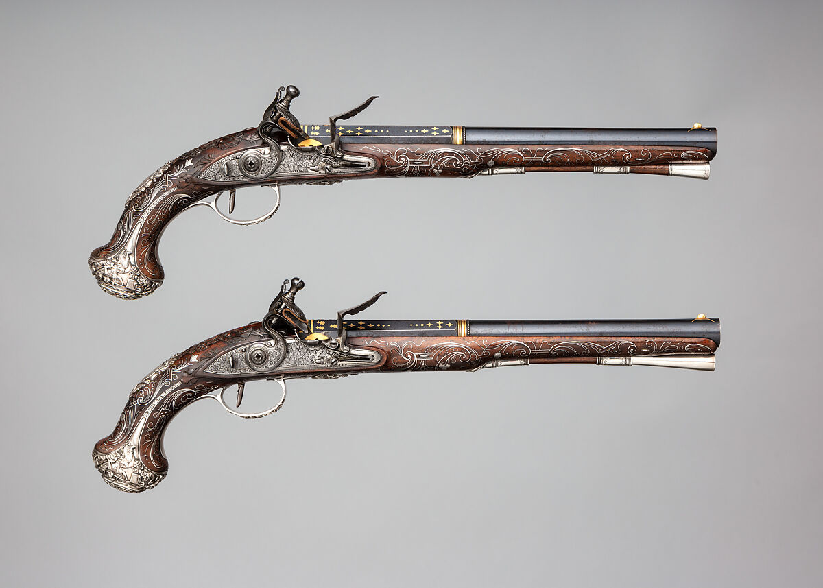 Pair of Flintlock Pistols, Henry Hadley (British, London, active 1734, d. 1773), Steel, wood (walnut), silver, gold, copper alloy, British, London