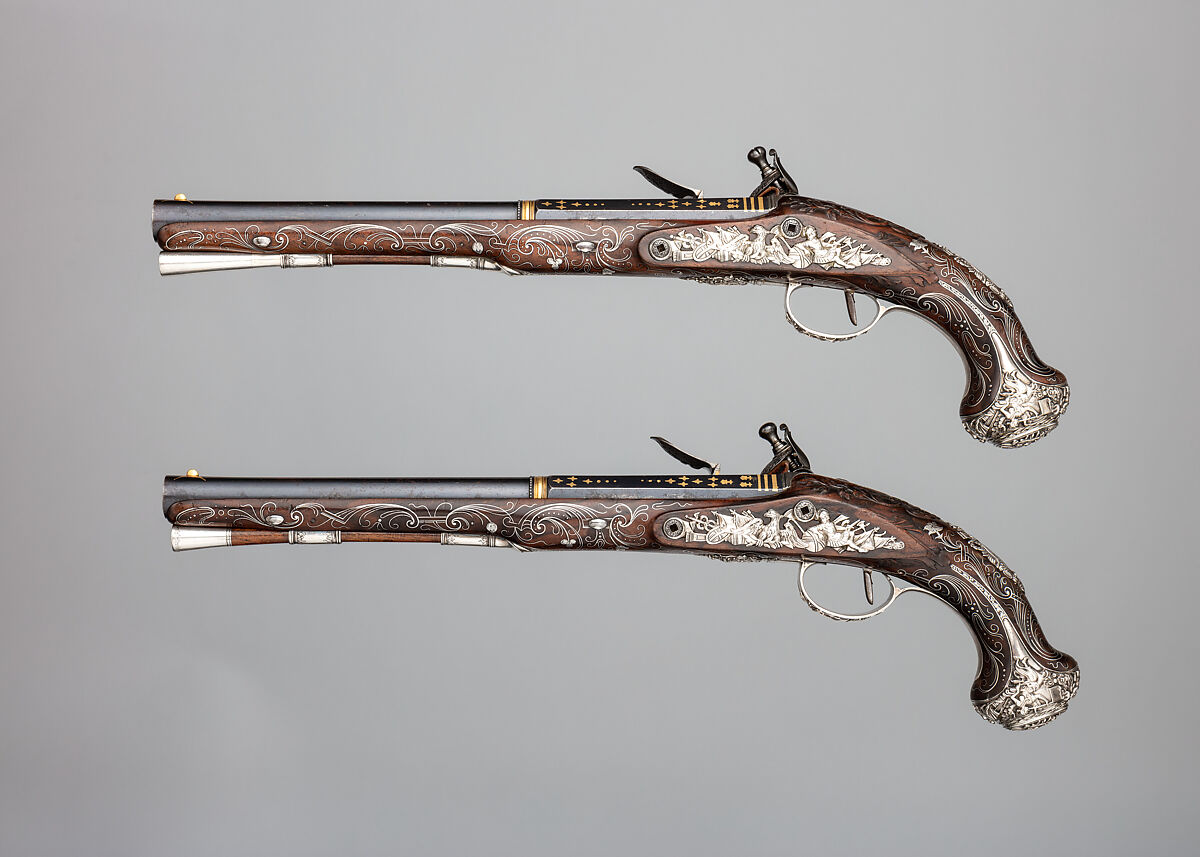 Pair of Flintlock Pistols, Henry Hadley (British, London, active 1734, d. 1773), Steel, wood (walnut), silver, gold, copper alloy, British, London