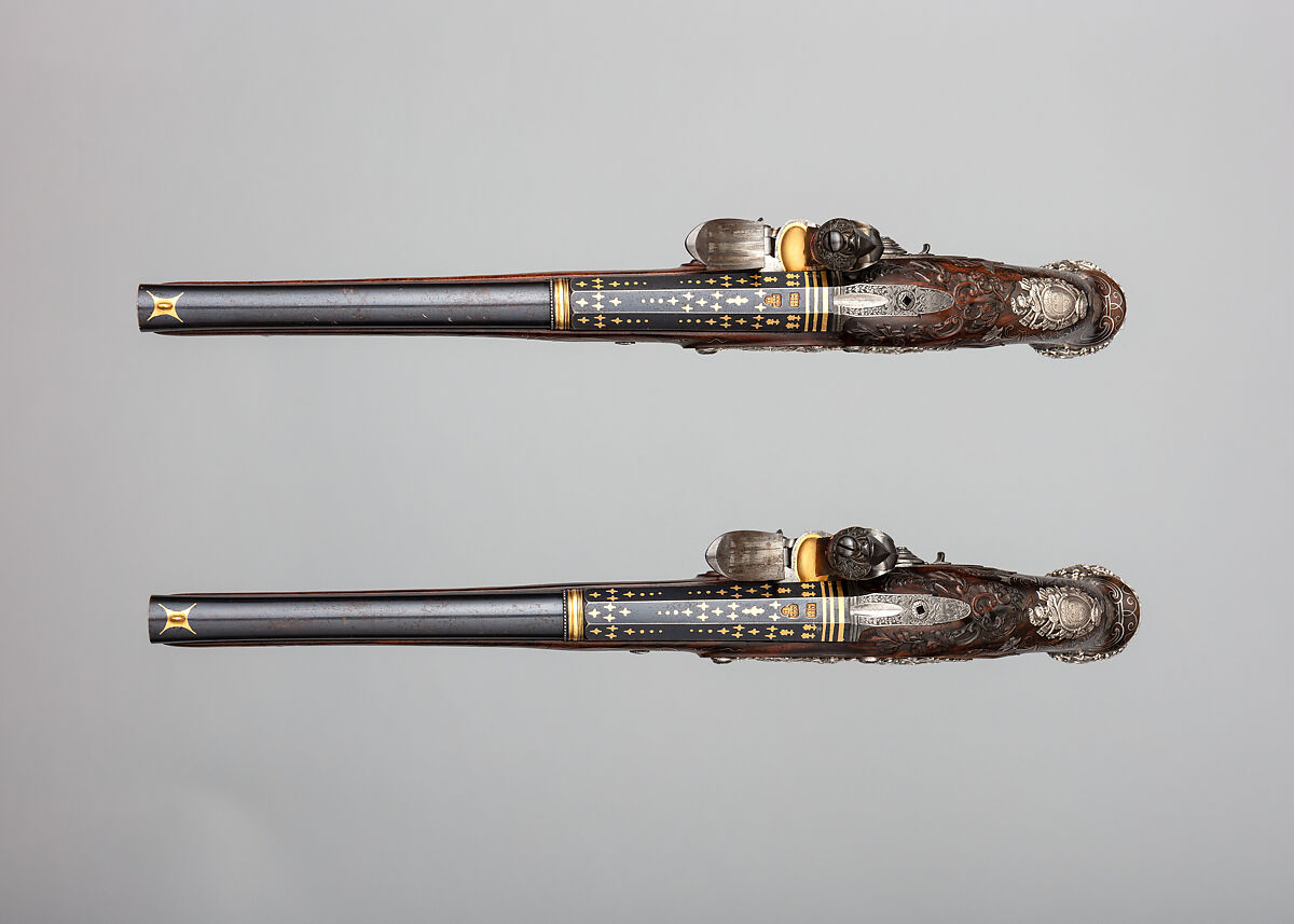 Pair of Flintlock Pistols, Henry Hadley (British, London, active 1734, d. 1773), Steel, wood (walnut), silver, gold, copper alloy, British, London