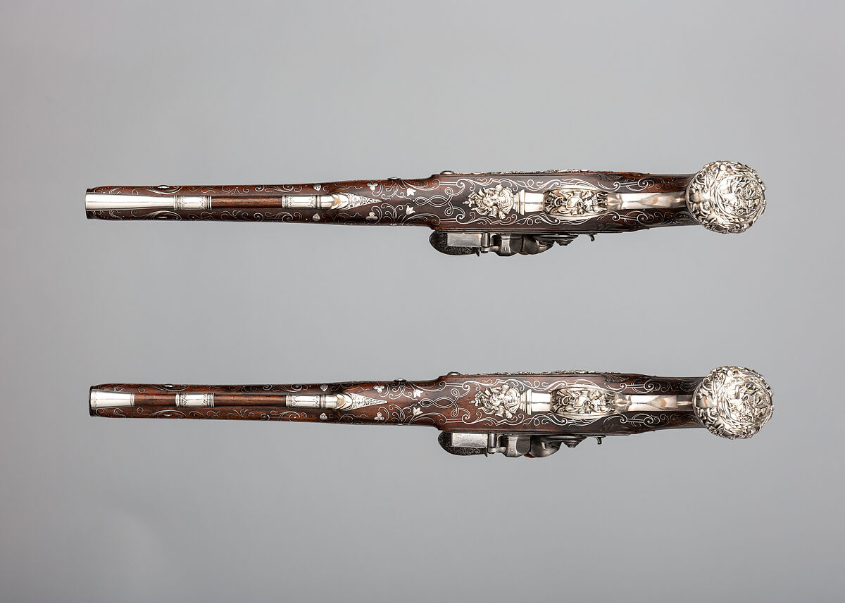 Pair of Flintlock Pistols, Henry Hadley (British, London, active 1734, d. 1773), Steel, wood (walnut), silver, gold, copper alloy, British, London