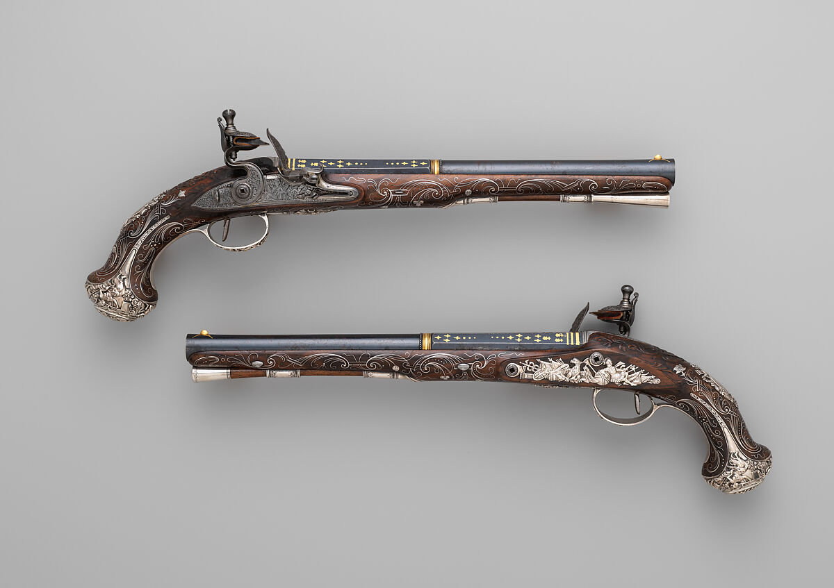 Pair of Flintlock Pistols, Henry Hadley  British, Steel, wood (walnut), silver, gold, copper alloy, British, London