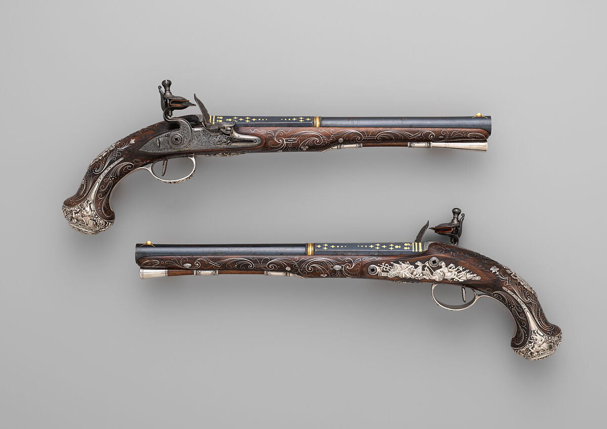 Pair of Flintlock Pistols, Henry Hadley (British, London, active 1734, d. 1773), Steel, wood (walnut), silver, gold, copper alloy, British, London 