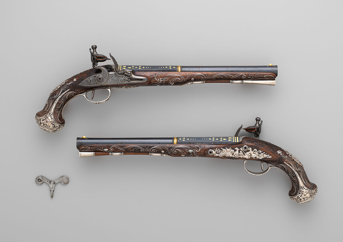 Pair of Flintlock Pistols, Henry Hadley (British, London, active 1734, d. 1773), Steel, wood (walnut), silver, gold, copper alloy, British, London