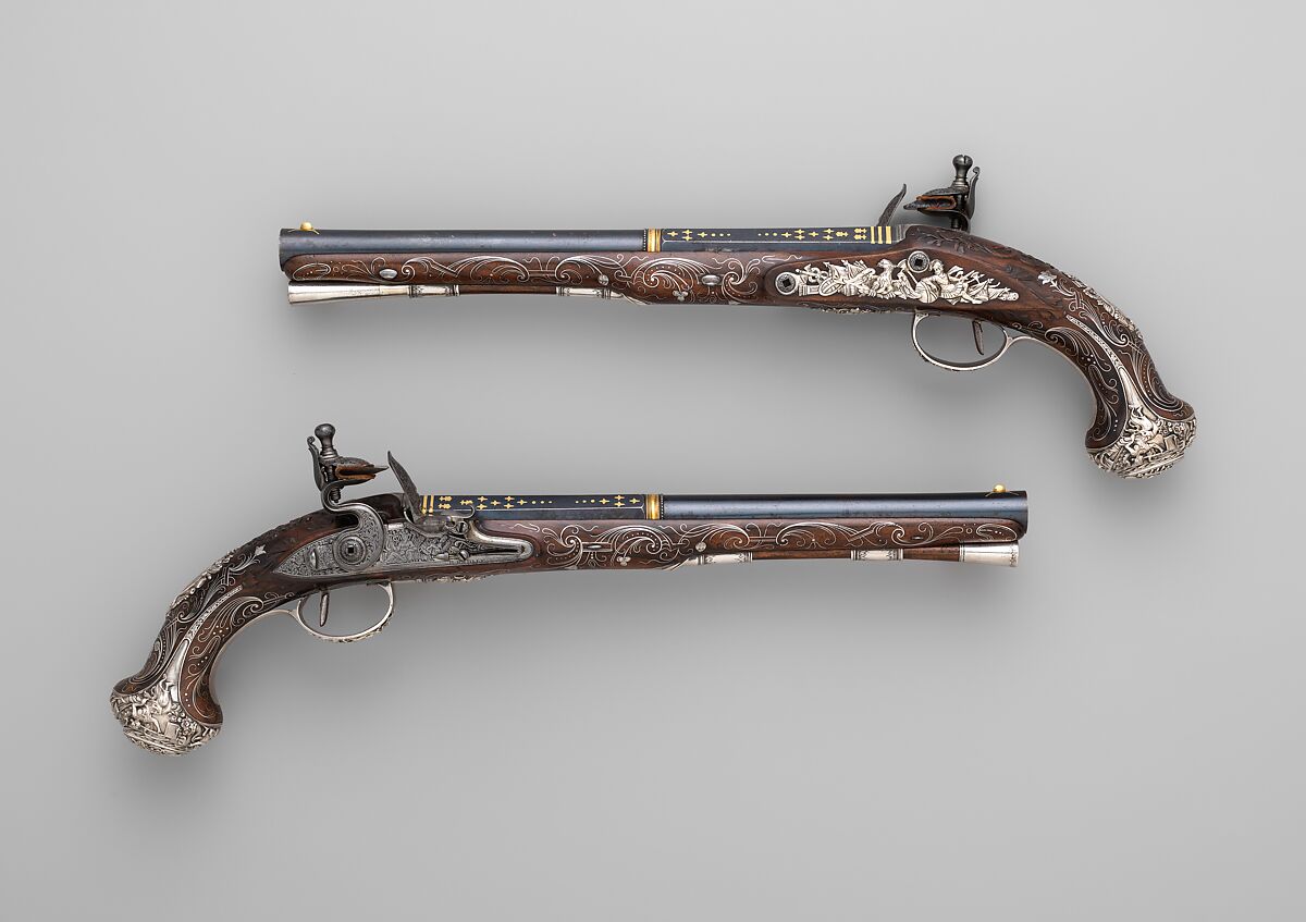 Pair of Flintlock Pistols, Henry Hadley (British, London, active 1734, d. 1773), Steel, wood (walnut), silver, gold, copper alloy, British, London