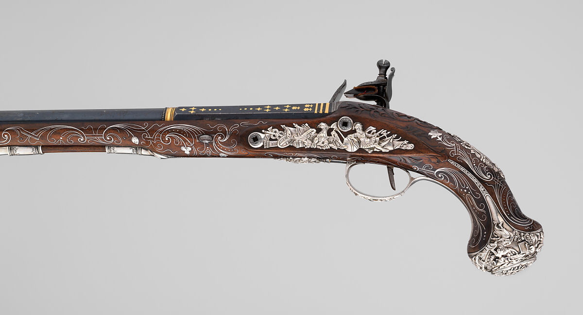 Pair of Flintlock Pistols, Henry Hadley (British, London, active 1734, d. 1773), Steel, wood (walnut), silver, gold, copper alloy, British, London