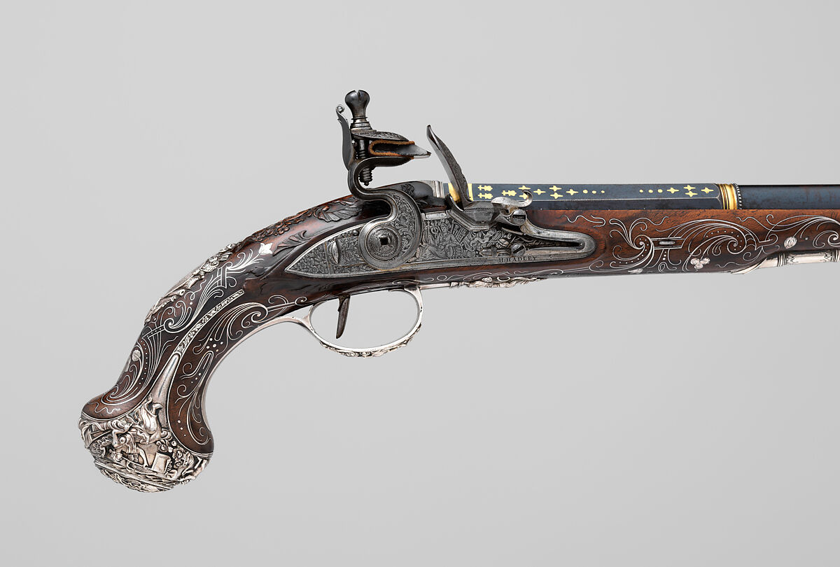 Pair of Flintlock Pistols, Henry Hadley (British, London, active 1734, d. 1773), Steel, wood (walnut), silver, gold, copper alloy, British, London