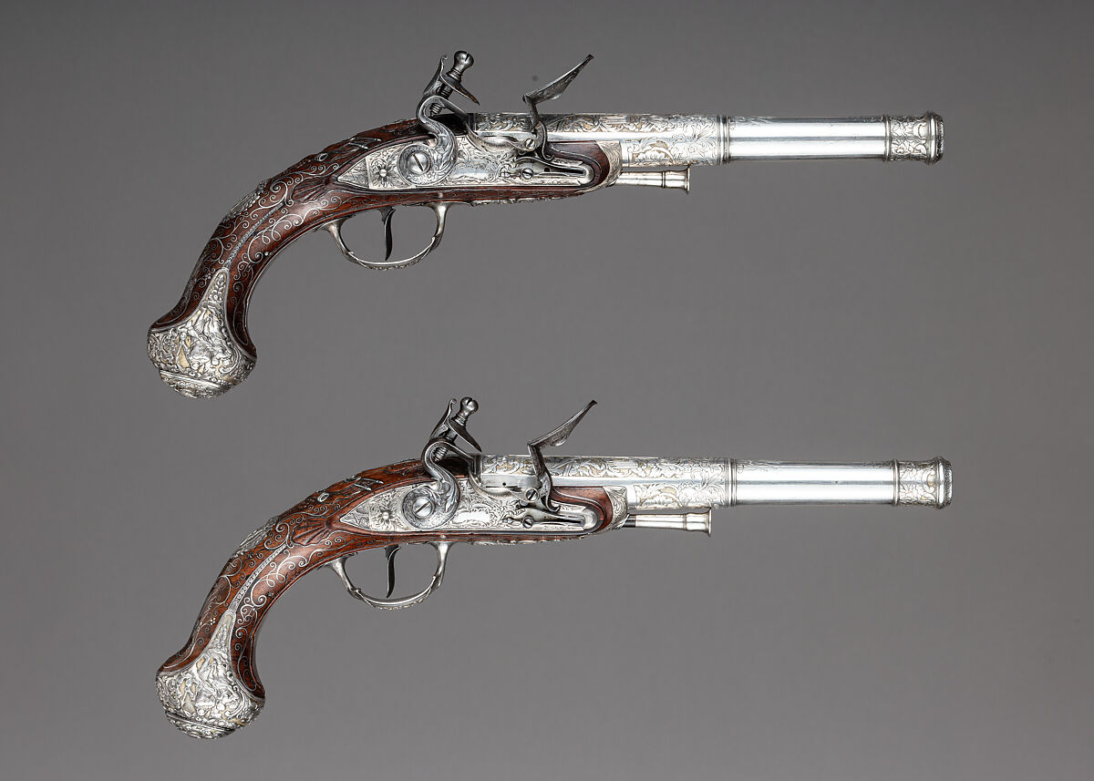Pair of Flintlock Pistols, Claude Martin (French, Lyon 1735–1800 Lucknow), Steel, wood, silver, gold, Indian, Lucknow, and possibly British, London