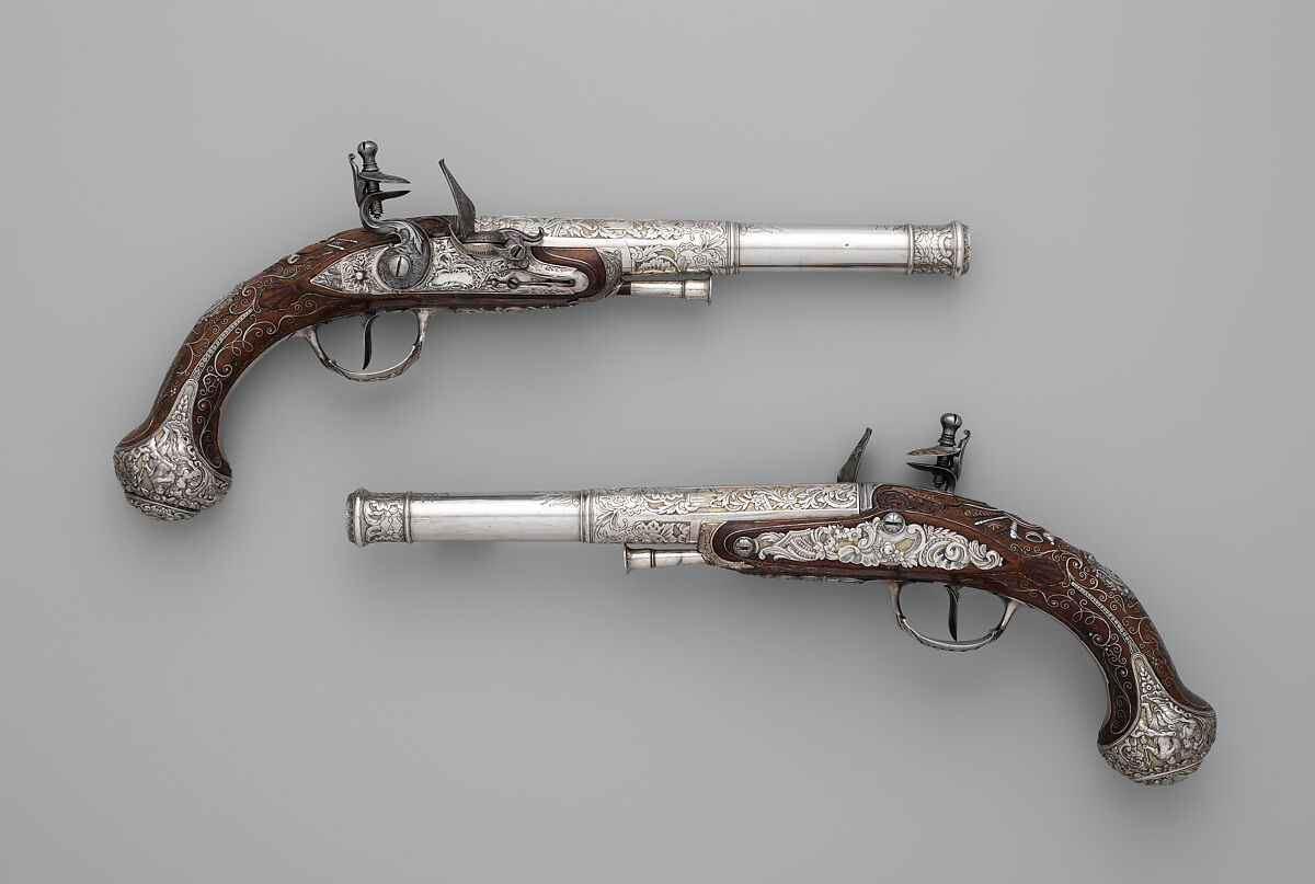 Pair of Flintlock Pistols, Claude Martin, Steel, wood, silver, gold, Indian, Lucknow, and possibly British, London