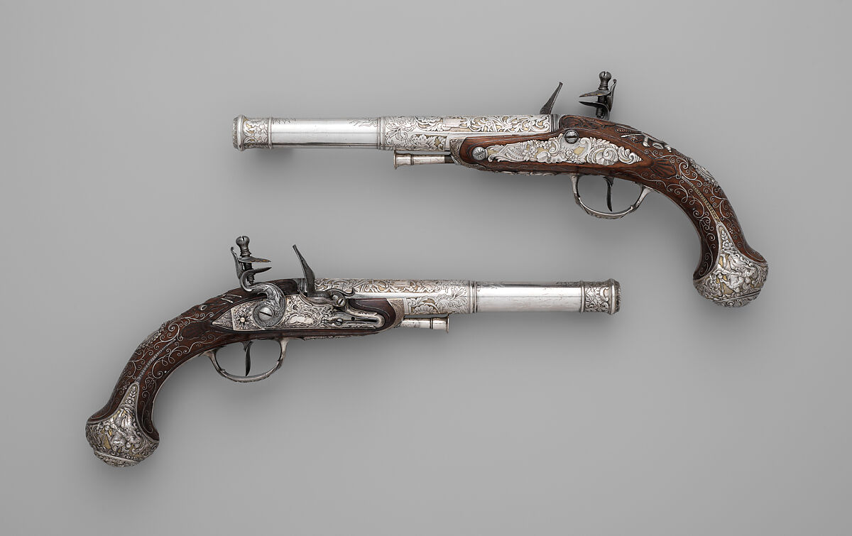 Pair of Flintlock Pistols, Claude Martin (French, Lyon 1735–1800 Lucknow), Steel, wood, silver, gold, Indian, Lucknow, and possibly British, London