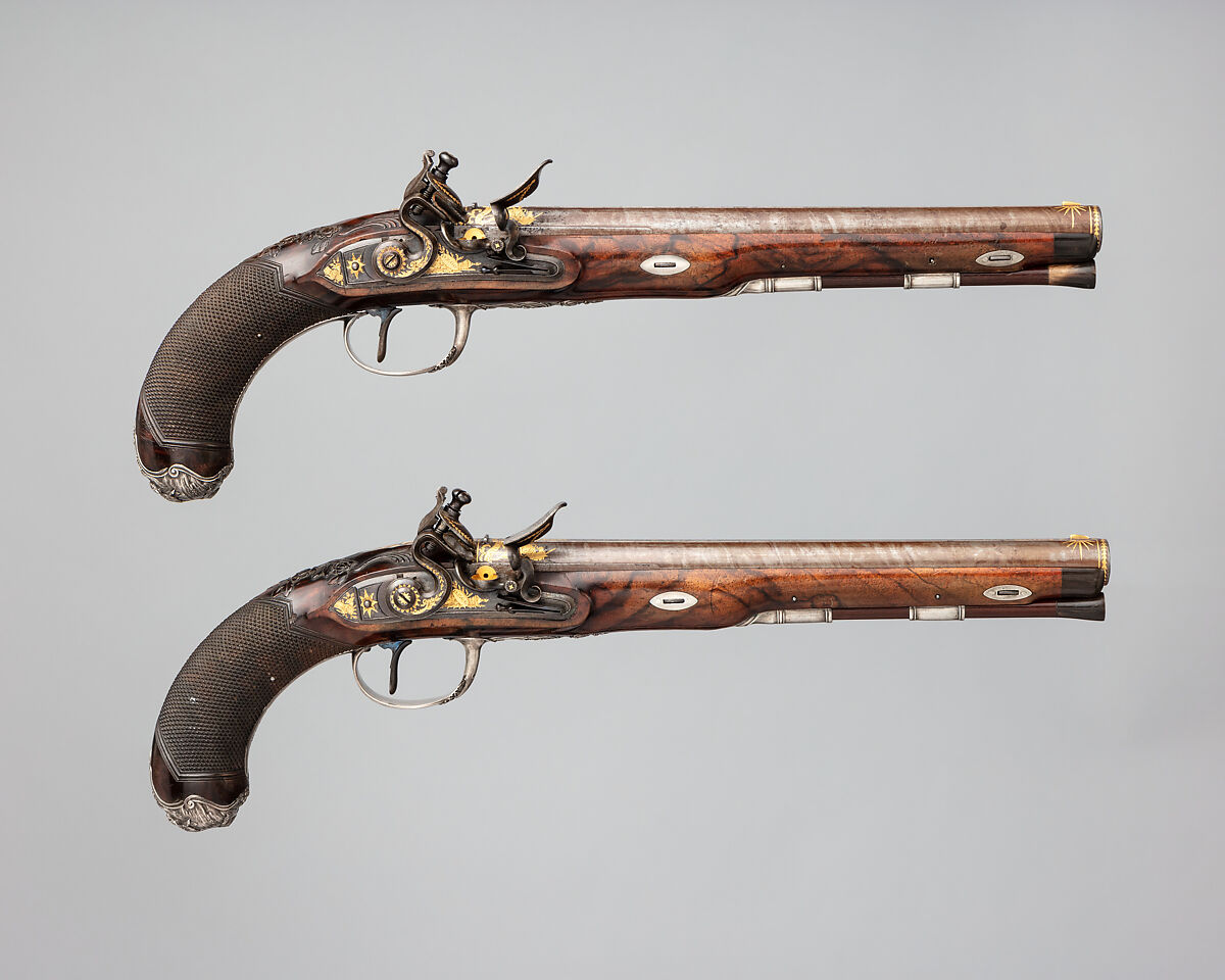 Pair of Flintlock Pistols of the Prince of Wales, later George IV (1762–1830), with Case and Accessories, Durs Egg (British, born Switzerland, baptized Oberbuchsiten, Switzerland 1748–1831 London), Steel, wood (walnut, rosewood, mahogany), silver, gold, horn, copper alloy, leather, textile, British, London