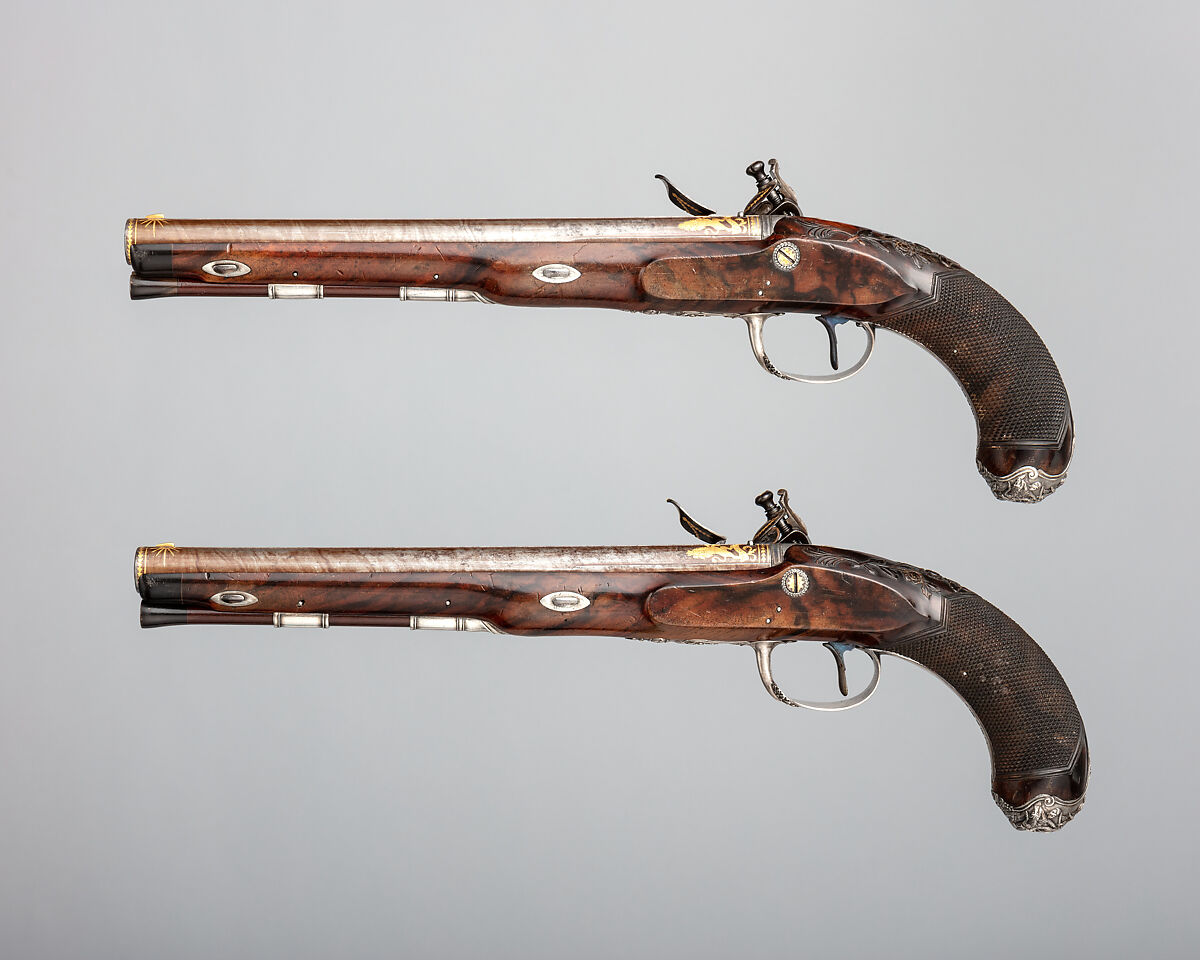 Pair of Flintlock Pistols of the Prince of Wales, later George IV (1762–1830), with Case and Accessories, Durs Egg (British, born Switzerland, baptized Oberbuchsiten, Switzerland 1748–1831 London), Steel, wood (walnut, rosewood, mahogany), silver, gold, horn, copper alloy, leather, textile, British, London