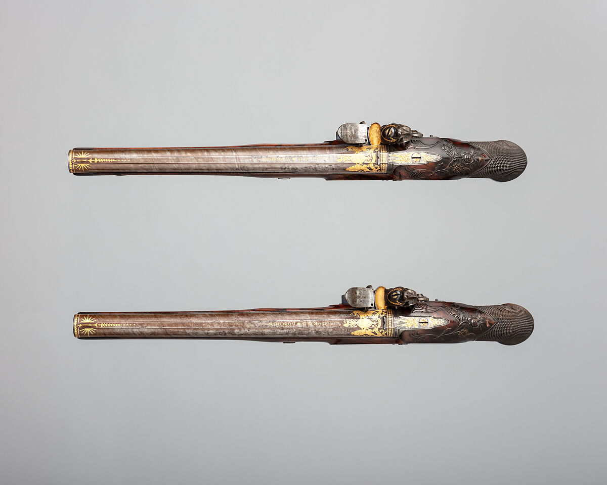 Pair of Flintlock Pistols of the Prince of Wales, later George IV (1762–1830), with Case and Accessories, Durs Egg (British, born Switzerland, baptized Oberbuchsiten, Switzerland 1748–1831 London), Steel, wood (walnut, rosewood, mahogany), silver, gold, horn, copper alloy, leather, textile, British, London