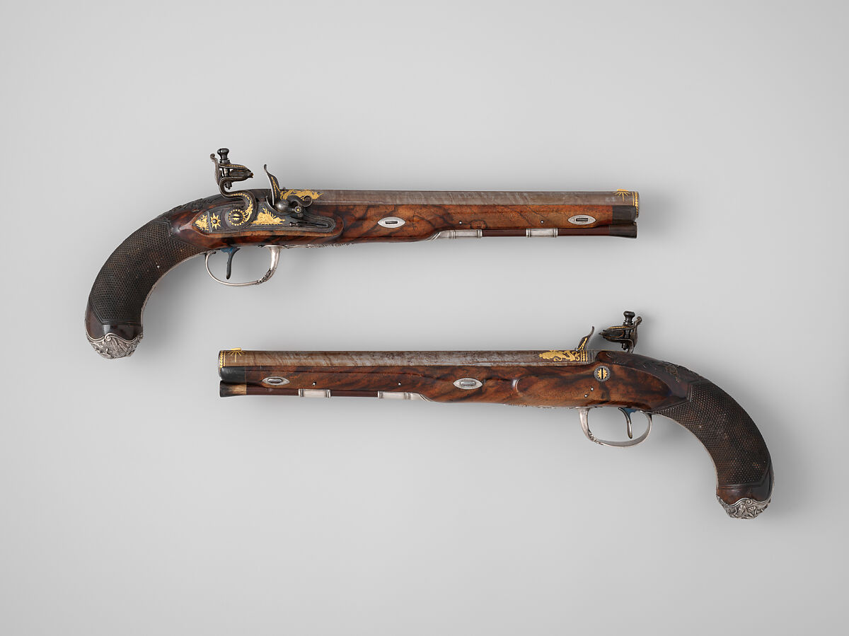 Pair of Flintlock Pistols of the Prince of Wales, later George IV (1762–1830), with Case and Accessories, Durs Egg  Swiss, Steel, wood (walnut, rosewood, mahogany), silver, gold, horn, copper alloy, leather, textile, British, London