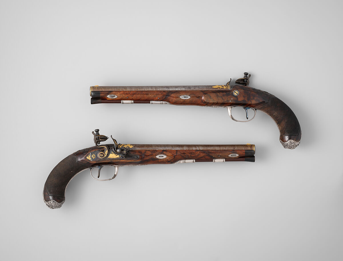 Pair of Flintlock Pistols of the Prince of Wales, later George IV (1762–1830), with Case and Accessories, Durs Egg (British, born Switzerland, baptized Oberbuchsiten, Switzerland 1748–1831 London), Steel, wood (walnut, rosewood, mahogany), silver, gold, horn, copper alloy, leather, textile, British, London
