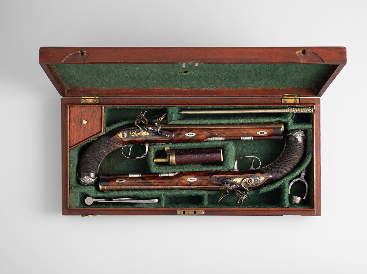 Pair of Flintlock Pistols of the Prince of Wales, later George IV (1762–1830), with Case and Accessories, Durs Egg (British, born Switzerland, baptized Oberbuchsiten, Switzerland 1748–1831 London), Steel, wood (walnut, rosewood, mahogany), silver, gold, horn, copper alloy, leather, textile, British, London