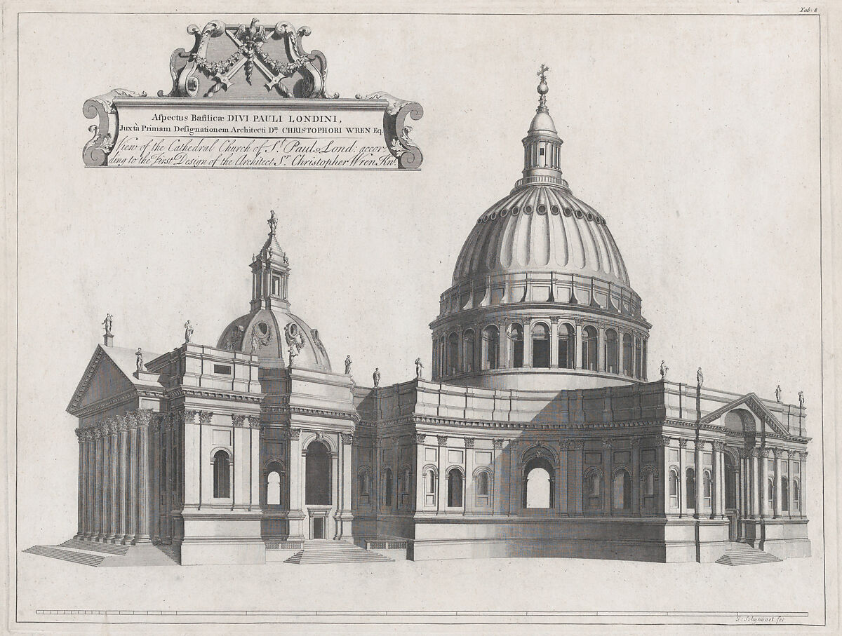 View of the Cathedral Church of St. Paul's, London, Plate 8 from: A Catalogue of the Churches (...) Royal Palaces, Hospitals, and Publick Edifices, Built by Sr. Christopher Wren, Jacob Schijnvoet (Dutch,  Amsterdam (?) 1685–1733 London (?)), Engraving 