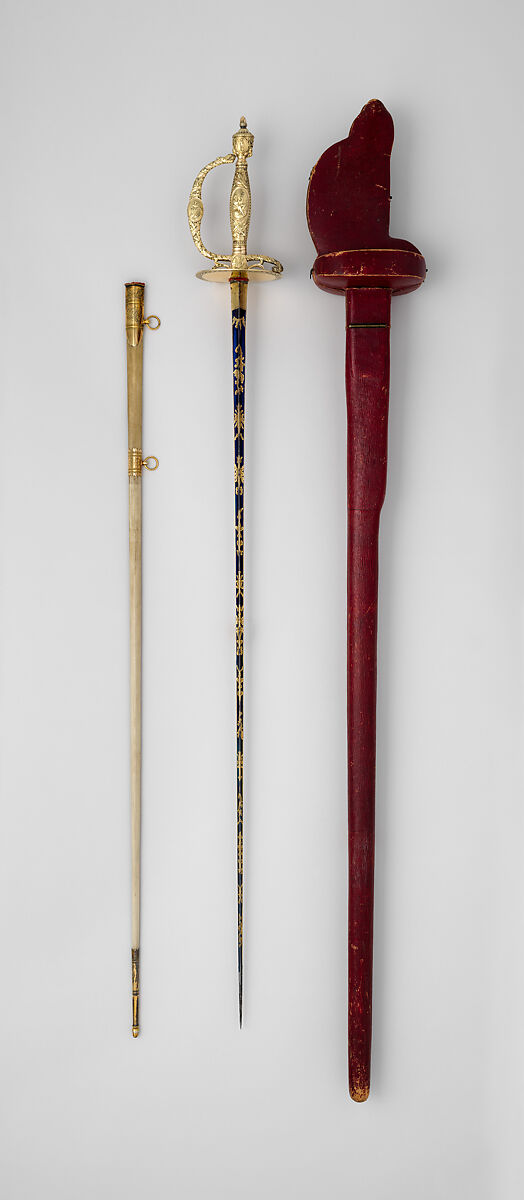 Smallsword with Scabbard and Case, Michael Barnett (British, Workington, Cumberland 1758–1823 London), Steel, gold, silver, wood, vellum, leather, copper alloy, silk, felt, British, London