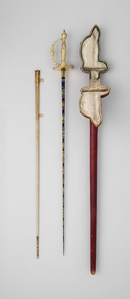 Smallsword with Scabbard and Case, Michael Barnett (British, Workington, Cumberland 1758–1823 London), Steel, gold, silver, wood, vellum, leather, copper alloy, silk, felt, British, London