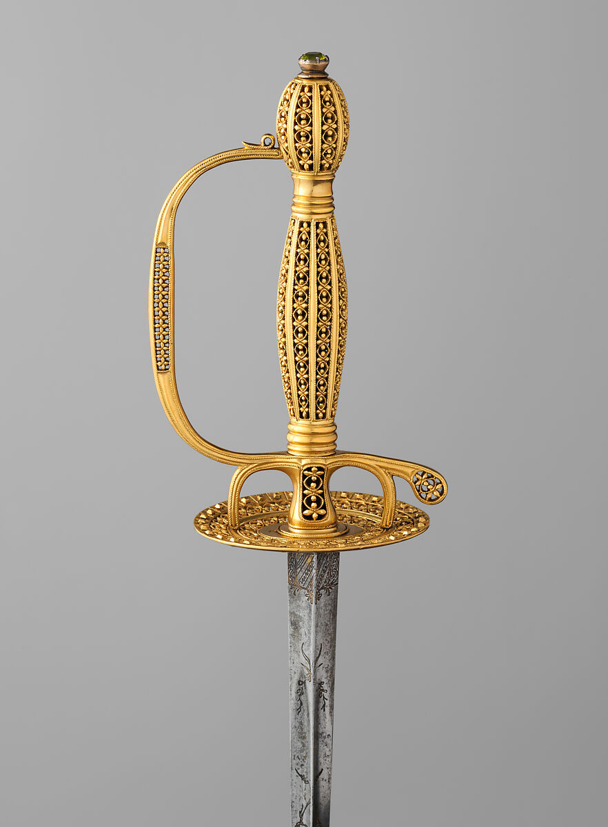 Smallsword with Scabbard, Gold, steel, copper alloy, wood, vellum, felt, gemstone, hilt and scabbard, probably Spanish; blade, German, Solingen 