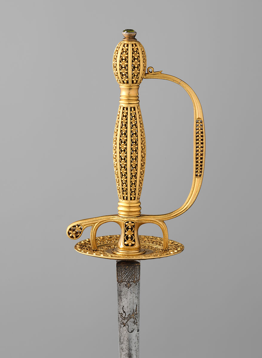 Smallsword with Scabbard, Gold, steel, copper alloy, wood, vellum, felt, glass, hilt and scabbard, probably Spanish; blade, German, Solingen