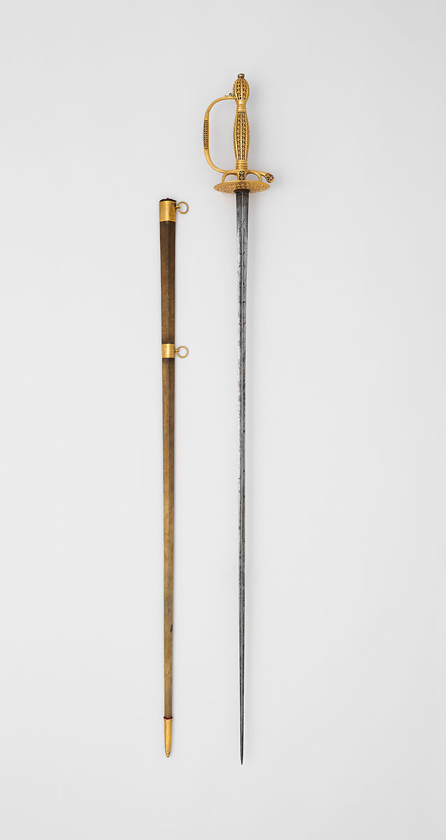 Smallsword with Scabbard, Gold, steel, copper alloy, wood, vellum, felt, glass, hilt and scabbard, probably Spanish; blade, German, Solingen
