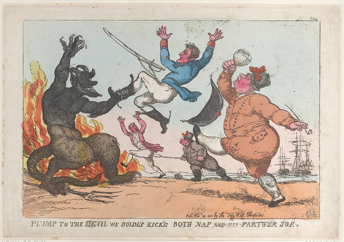 Plump to the Devil We Boldly Kick'd Both Nap and His Partner Joe, Thomas Rowlandson (British, London 1757–1827 London), Hand-colored etching 