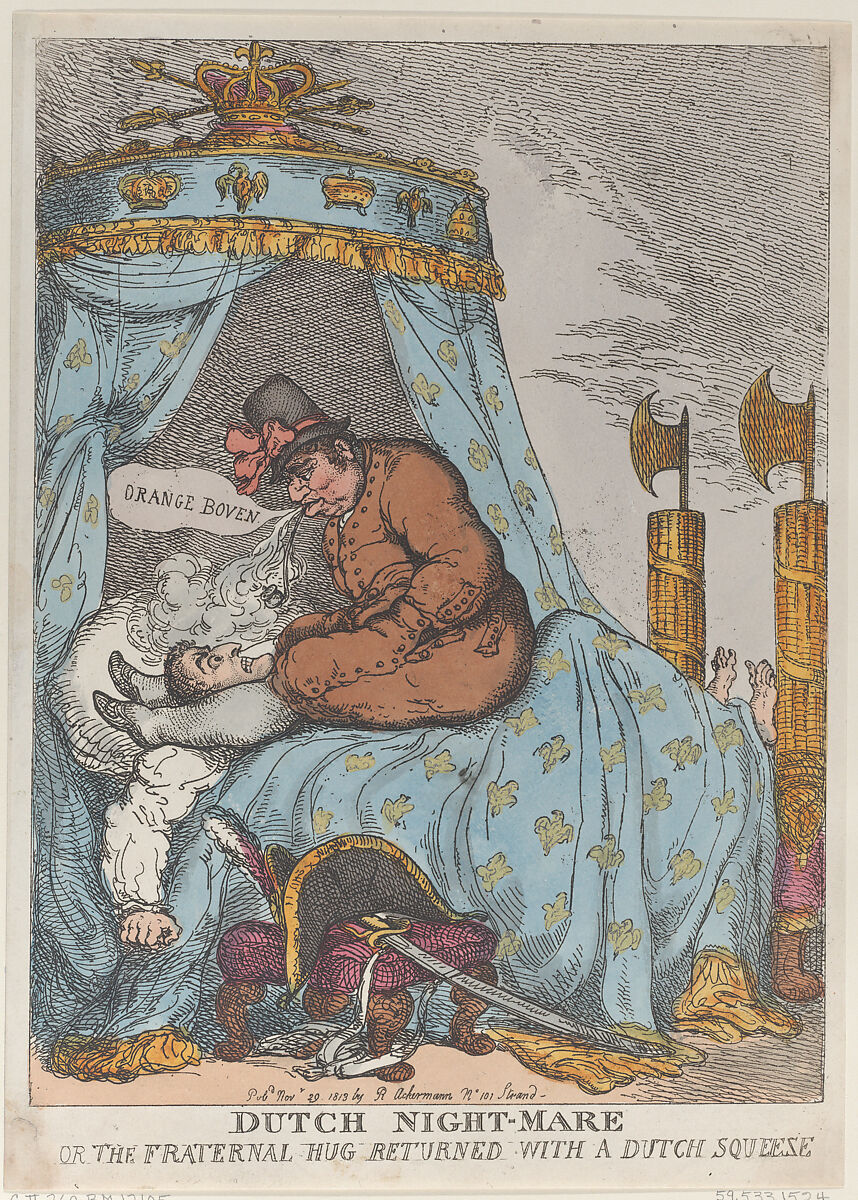 Dutch Night-Mare or the Fraternal Hug Returned with a Dutch Squeeze, Thomas Rowlandson (British, London 1757–1827 London), Hand-colored etching 