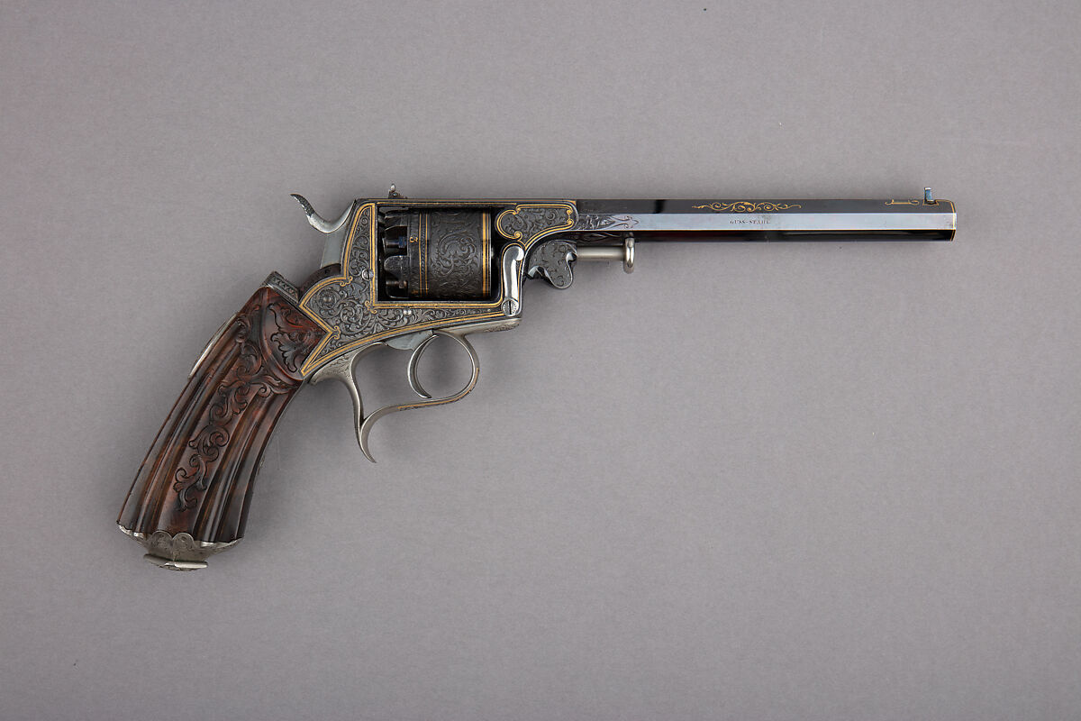 Five Shot Double-Action Percussion Revolver with Shoulder Stock, Case, and Accessories, Steel, wood (oak), silver, gold, copper alloy, textile, lead, German