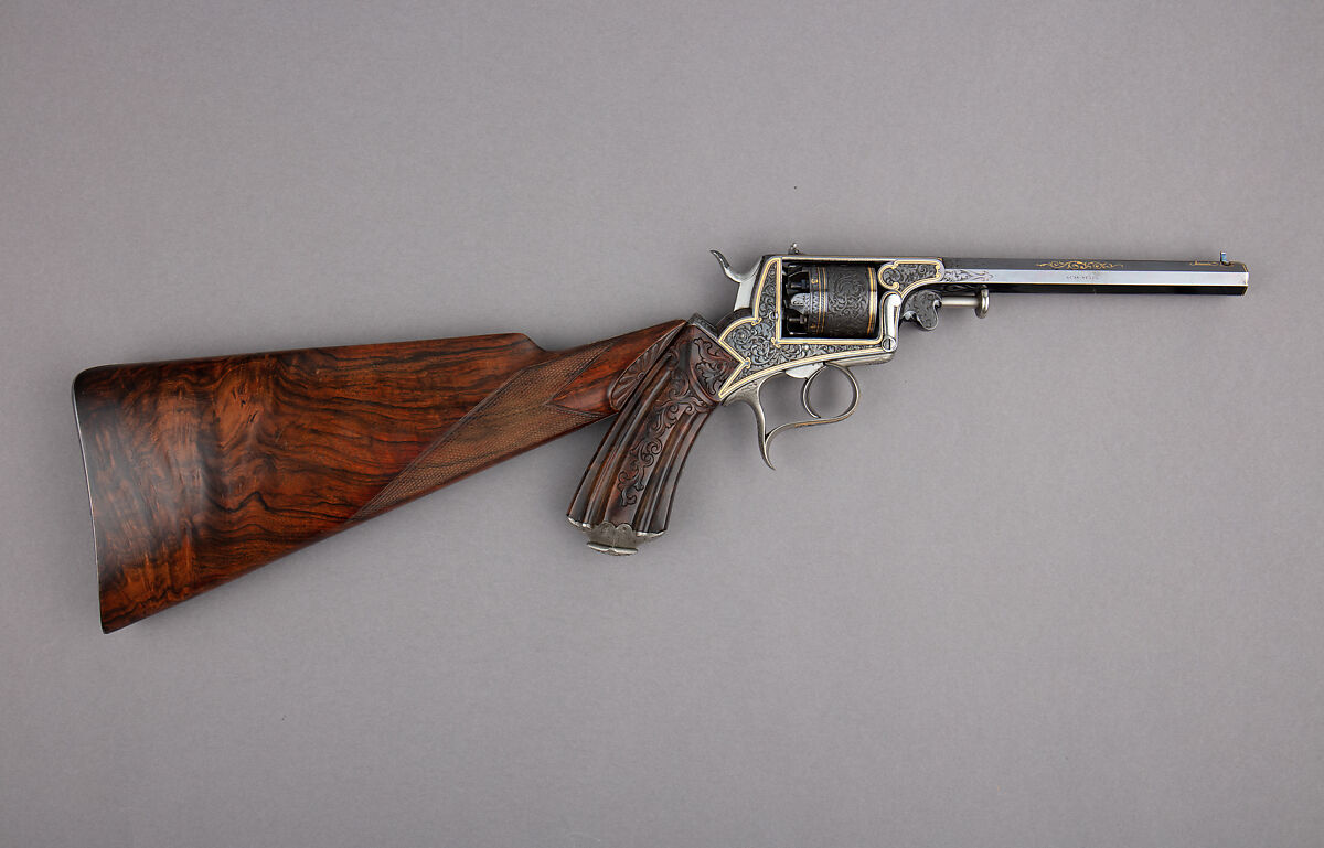 Five Shot Double-Action Percussion Revolver with Shoulder Stock, Case, and Accessories, Steel, wood (oak), silver, gold, copper alloy, textile, lead, German