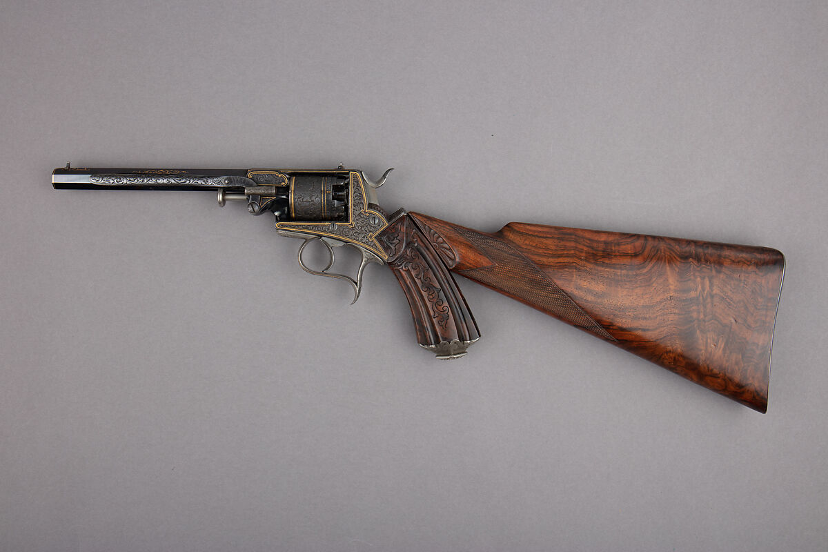 Five Shot Double-Action Percussion Revolver with Shoulder Stock, Case, and Accessories, Steel, wood (oak), silver, gold, copper alloy, textile, lead, German