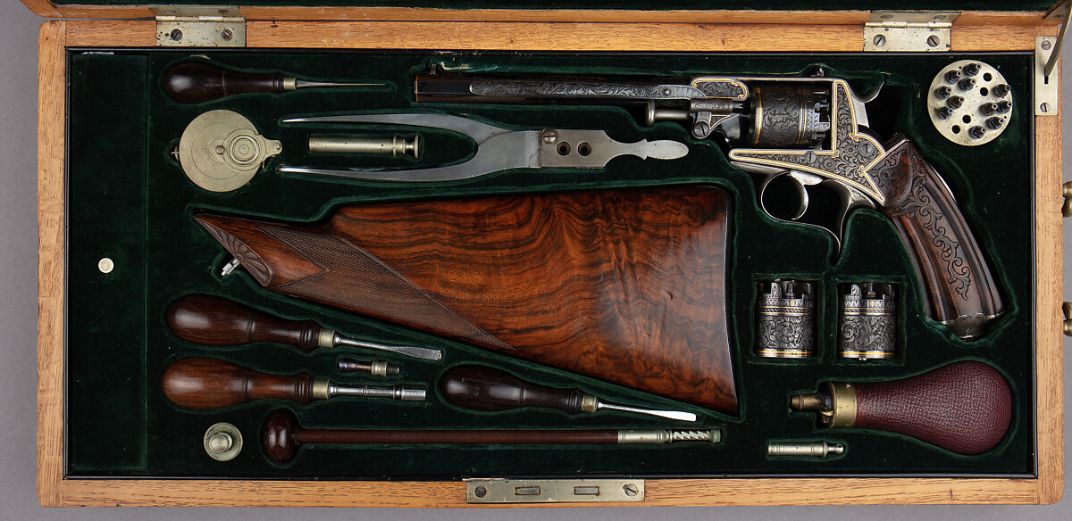 Five Shot Double-Action Percussion Revolver with Shoulder Stock, Case, and Accessories, Steel, wood (oak), silver, gold, copper alloy, textile, lead, German